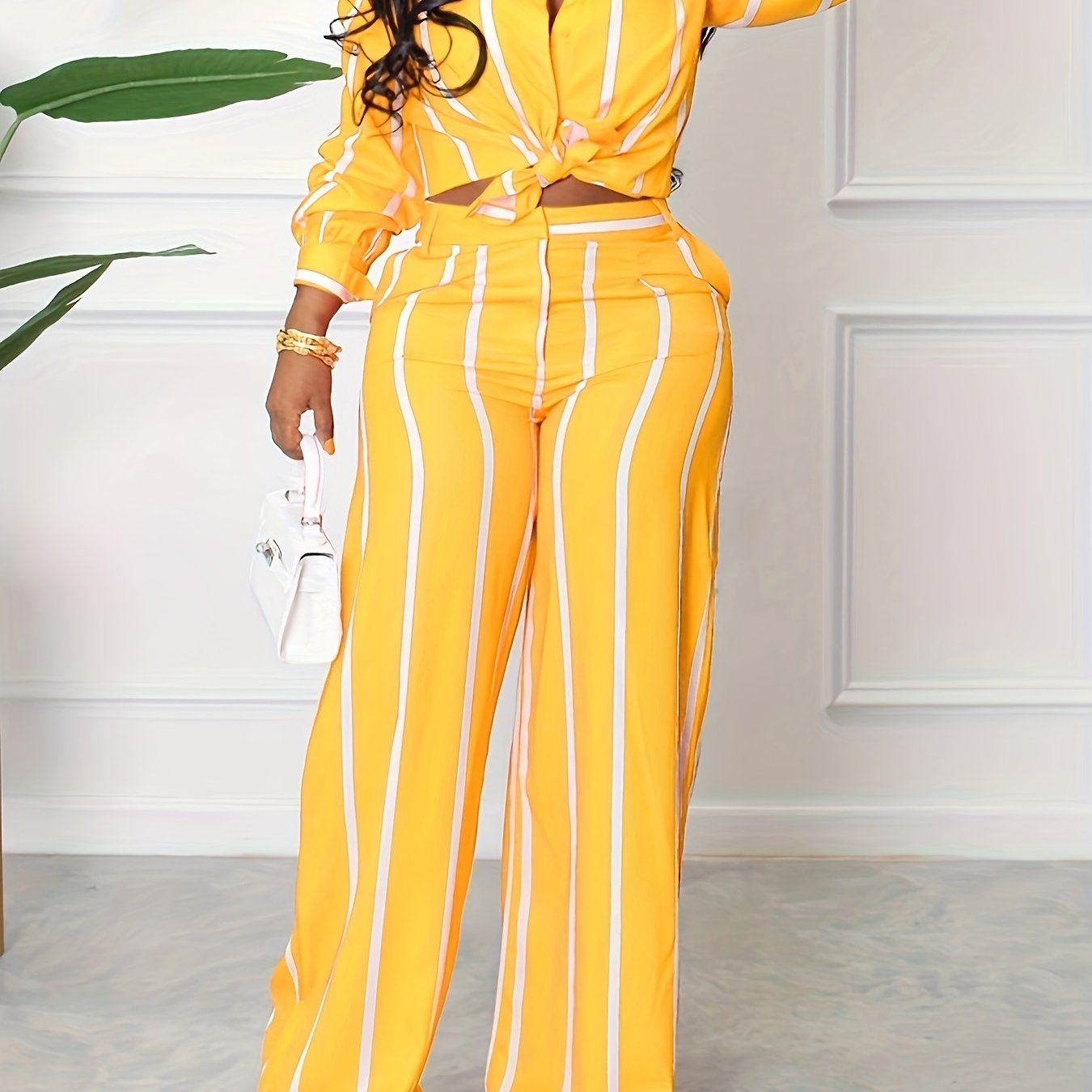 Button Front Collar Long Sleeve Shirt & High Waist Wide Leg Loose Pants Set