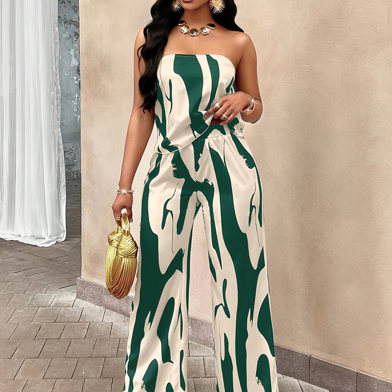 Elegant Bloom Co-Ord – Lace Strapless Top & Flowing Trousers