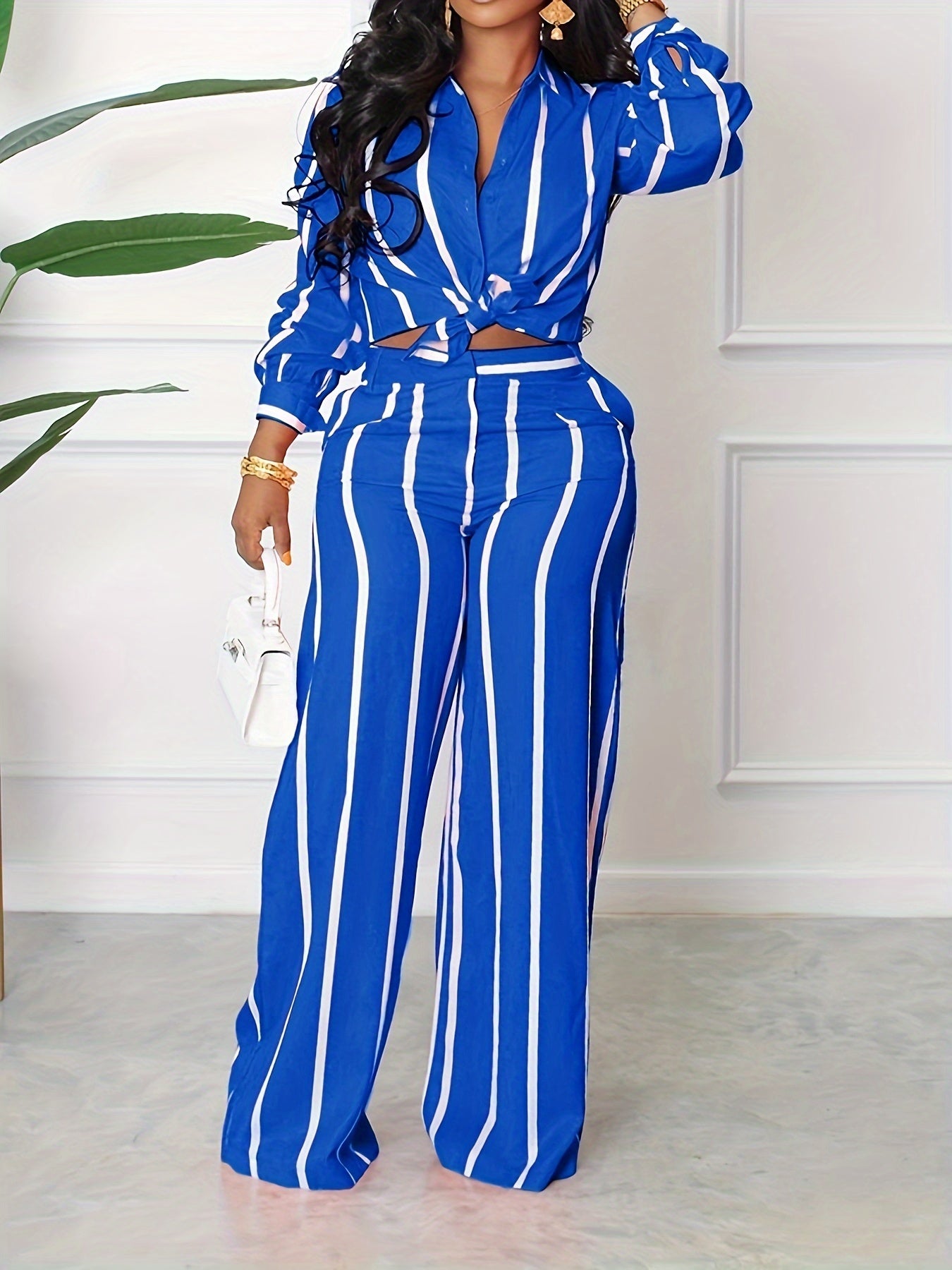 Button Front Collar Long Sleeve Shirt & High Waist Wide Leg Loose Pants Set
