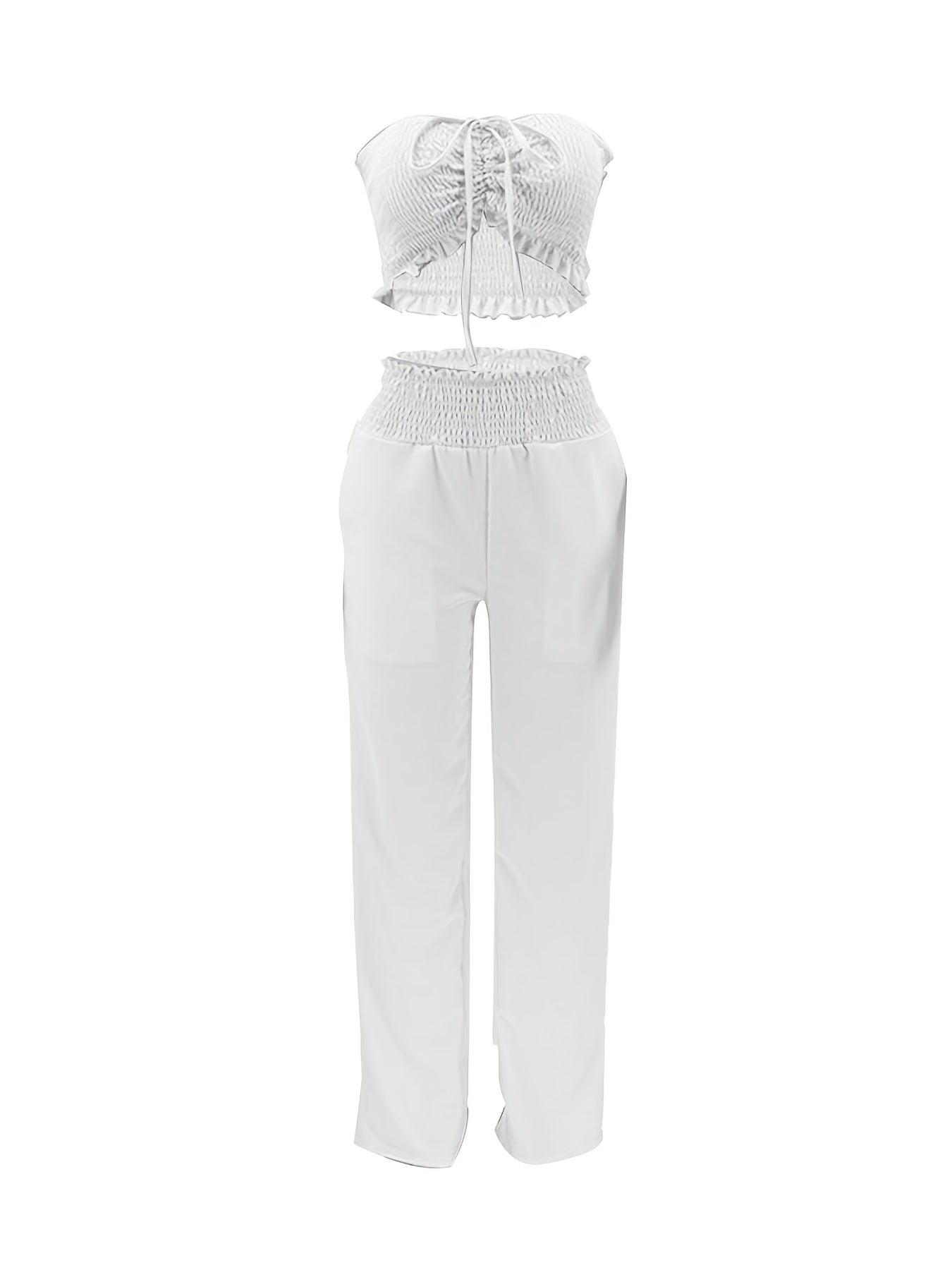 Shirred Halter Neck Sleeveless Crop Top Tops & High Waist Loose Long Length Pants Set