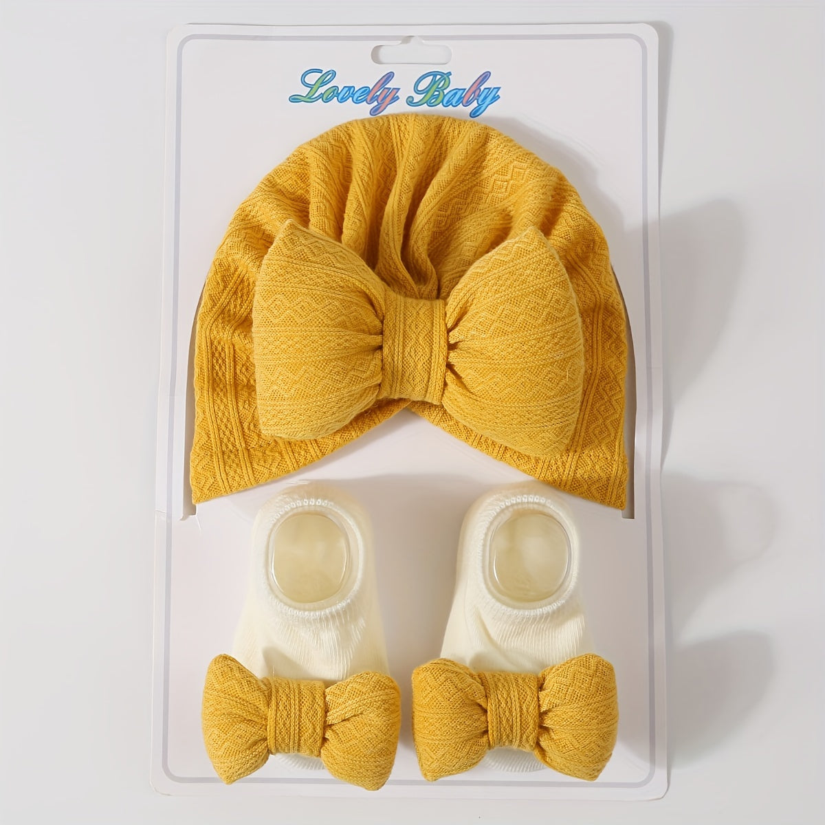Two Piece Newborn Knit Fleece Bow Hat & Sock Set
