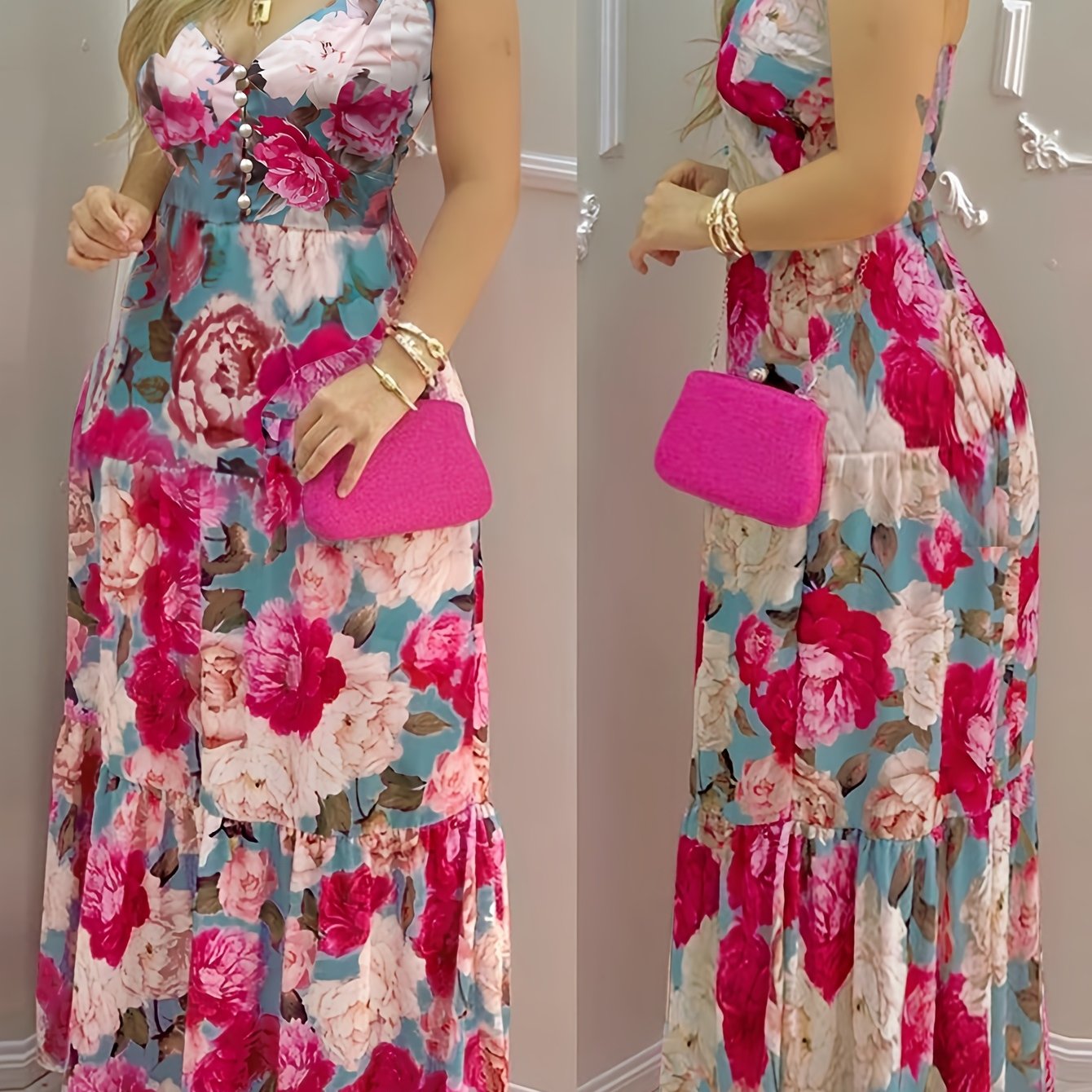 Women'S Elegant V-Neck Button Detail Pleated Maxi Dress
