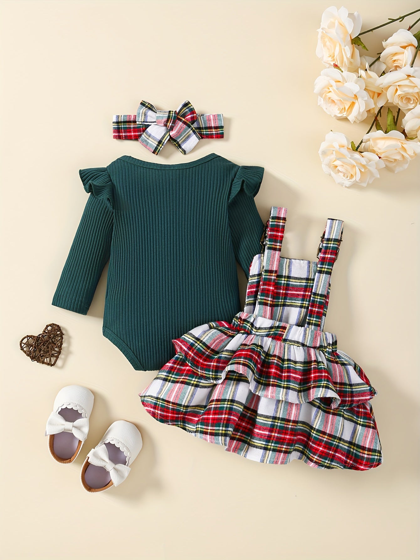 Baby's Overall Dress + Ruffled Bodysuit + Hairband, Toddler & Infant Girl's Clothing Set