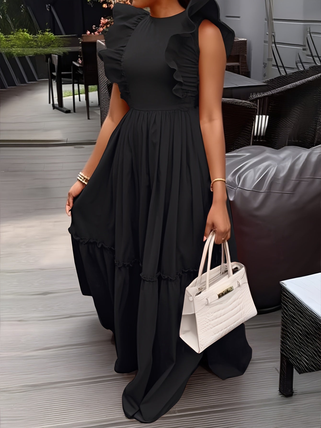 Elegant Ruffle Trimmed ALine Round Neck, Cinched Waist Design Dress