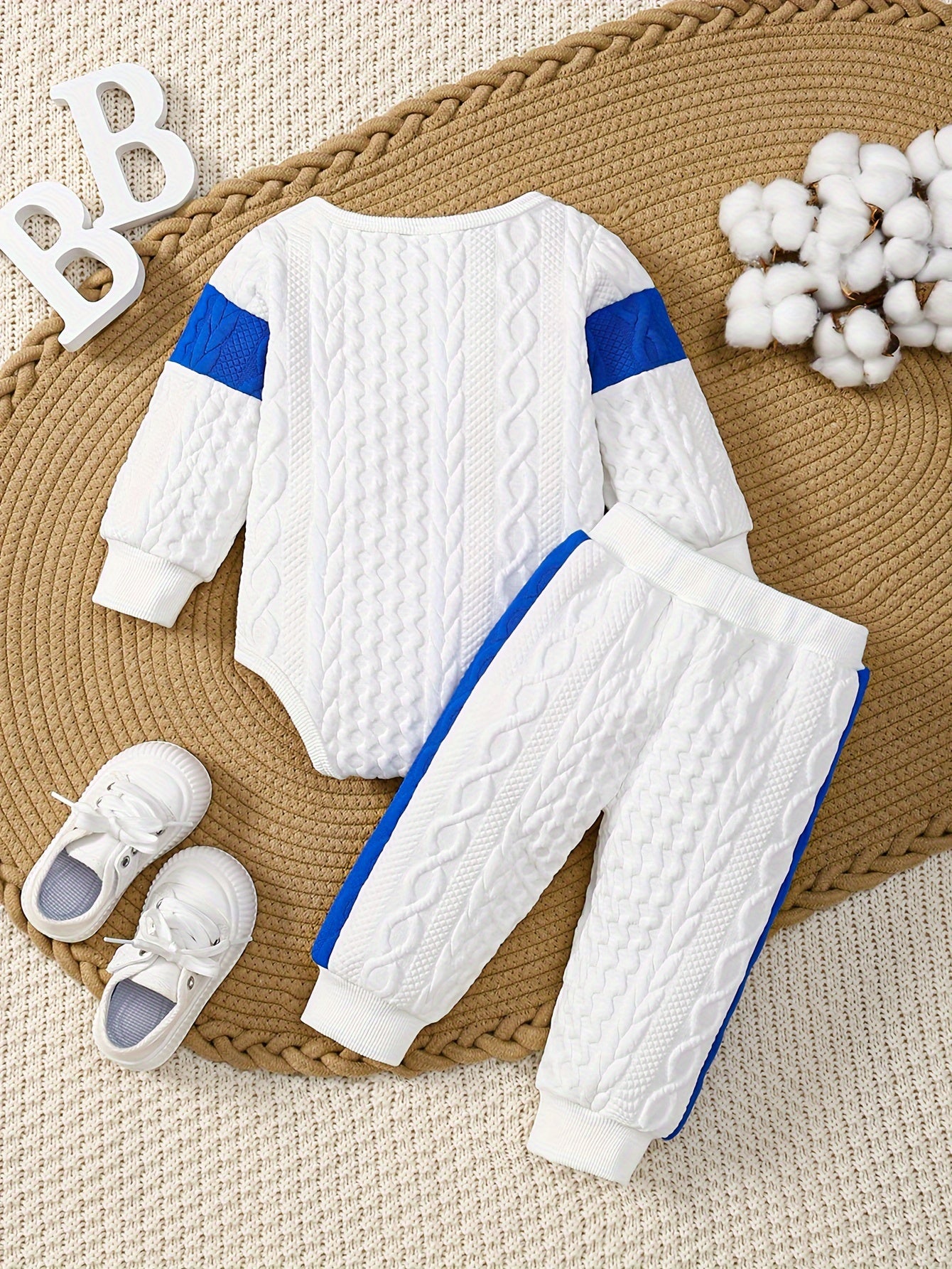 Baby Boy's Bear Applique Cable Knit Long Sleeve Onesie & "Mama's Boy" Embroidered Pants Set