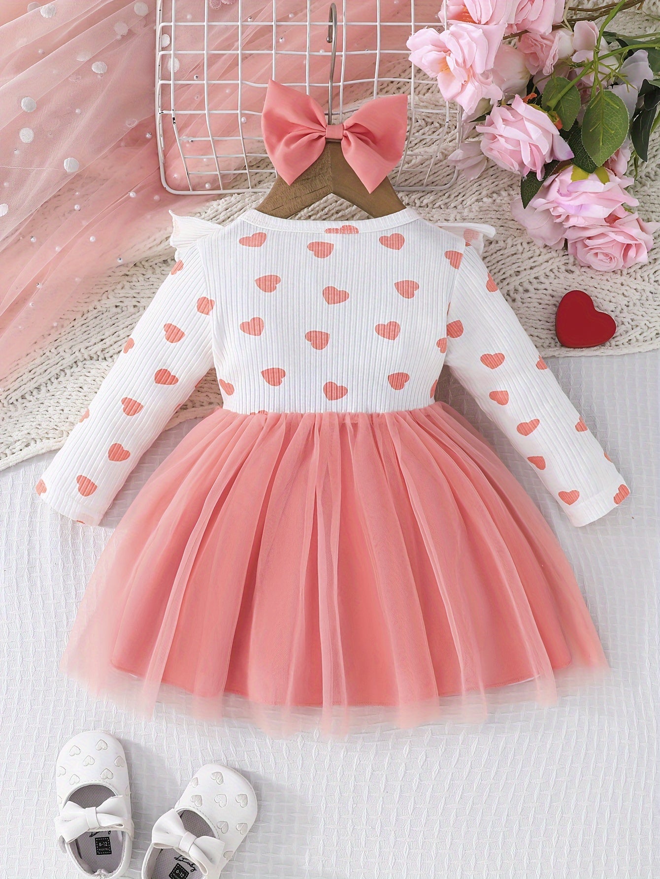 Girls' Cute Heart Pattern Long Sleeve Tulle Dress with Bow Headband