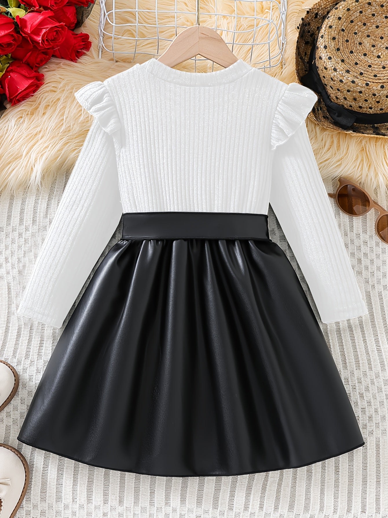 Chic Girls' Solid Color Ruffle-Trim Long Sleeve Dress with Belt