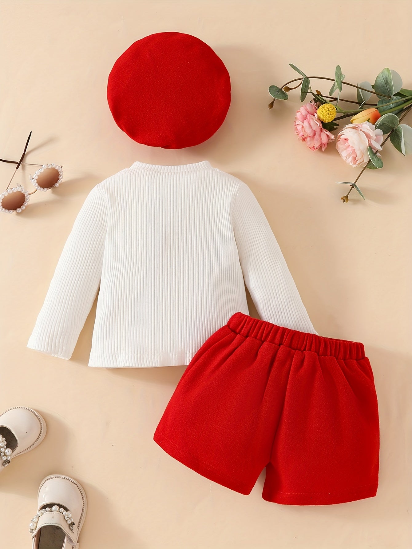 Baby Girl's Long Sleeves Bow Decor Ribbed Top + Creative Shorts With Delicate Buttons + Hat Co Ord Set