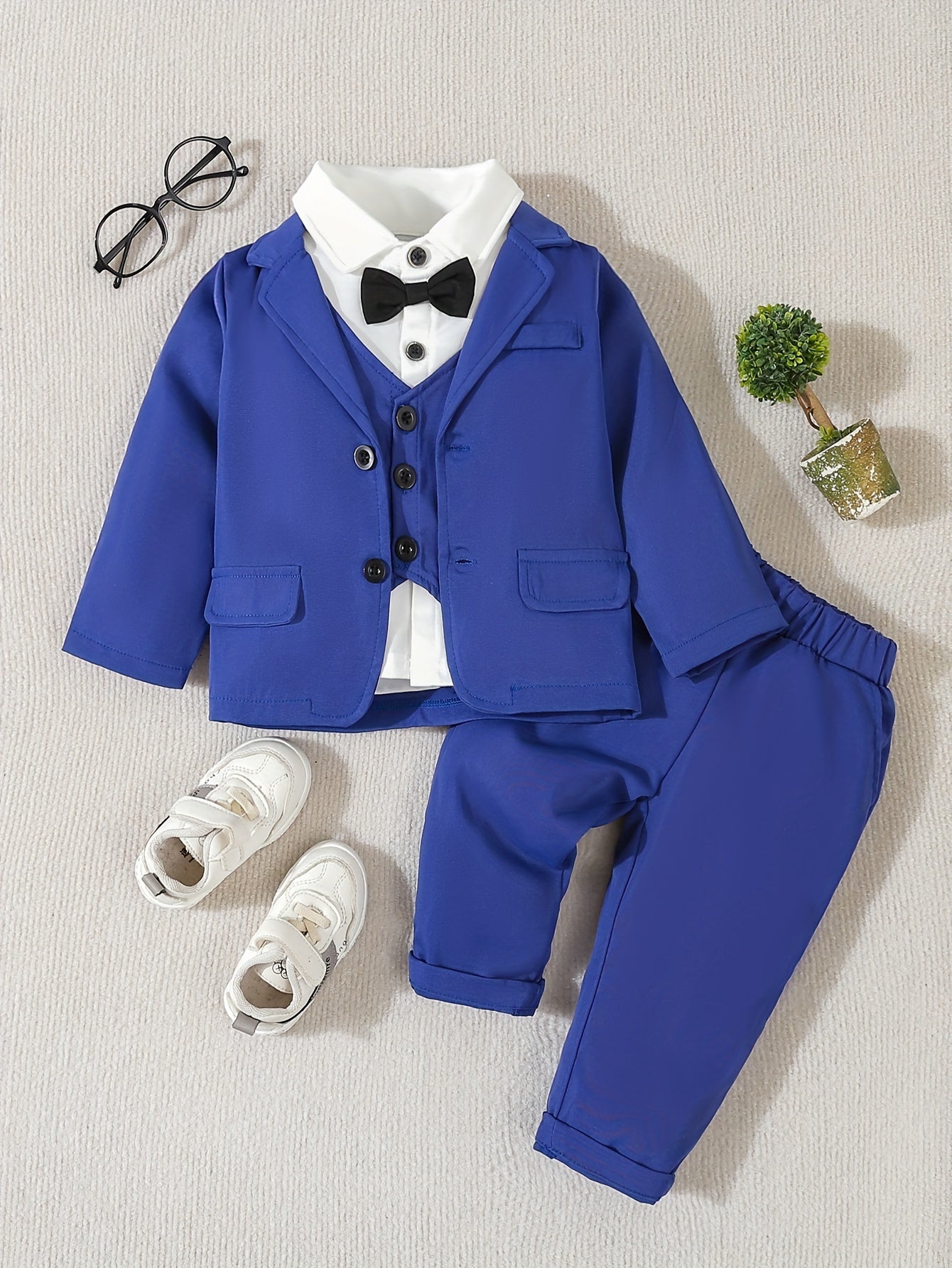 Formal Suit Set with Blazer, Vest, and Elastic Waist Pants, Woven Fabric, Solid Color