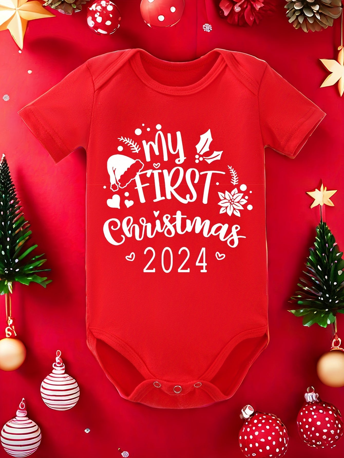 Baby's "2024 My 1st Christmas" Print Casual Cotton Short Sleeve Triangle Bodysuit