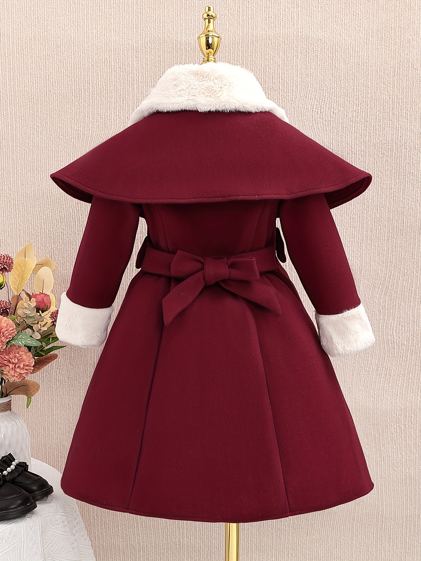 Girls Fleece Lapel Collar Double-breasted And Back Bow Decor Cloak Dress, Elegant And Stylish For Fall And Winter