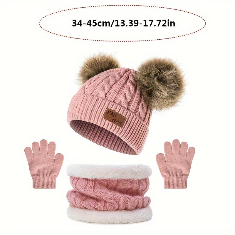 Autumn/Winter Knitted Hat, Neck Gaiter & Gloves Set With Fur Ball For Girls, Casual Going Out Beanie