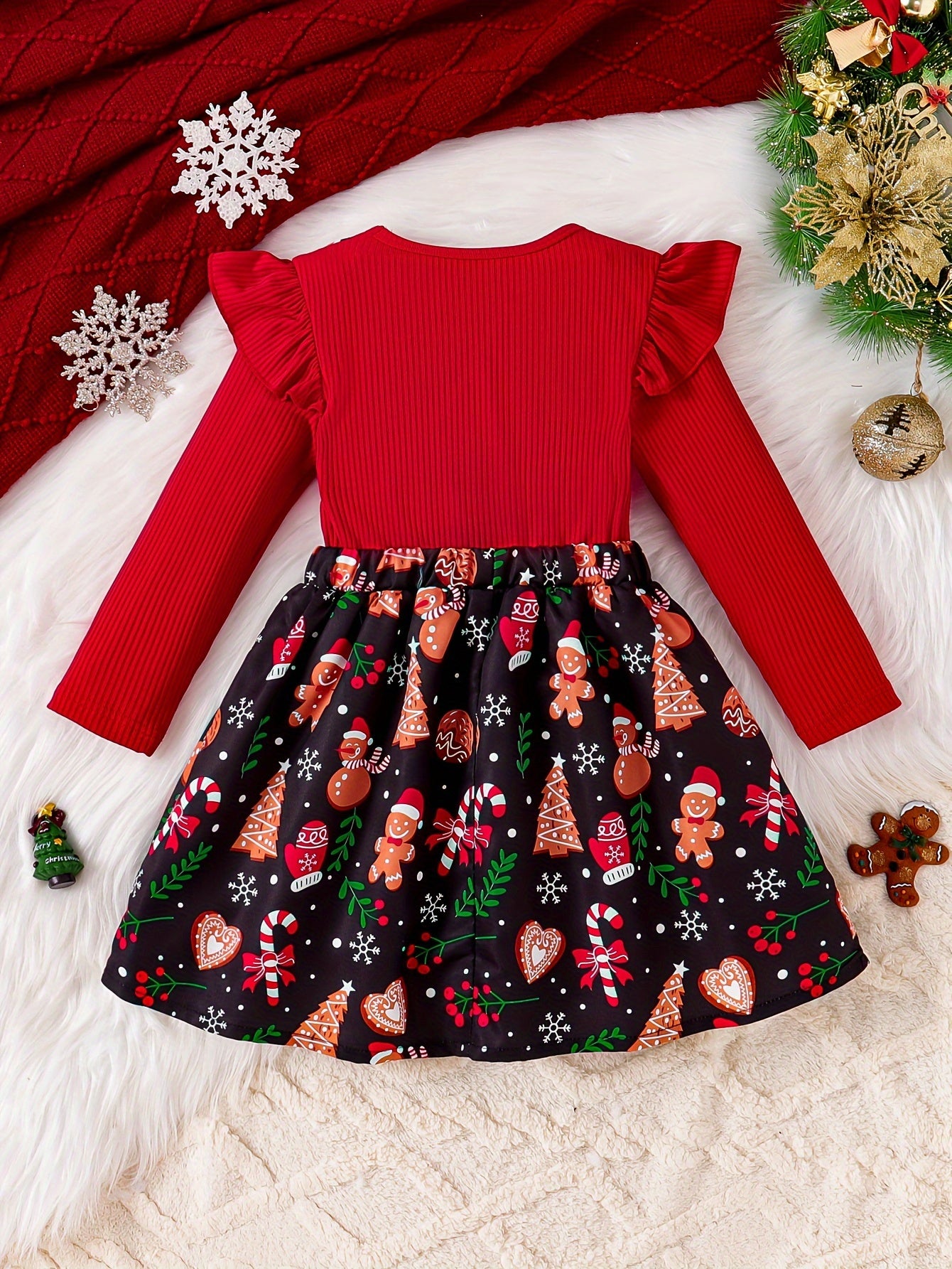 Girls' Festive Christmas Dress with Ruffle Trim & Bow