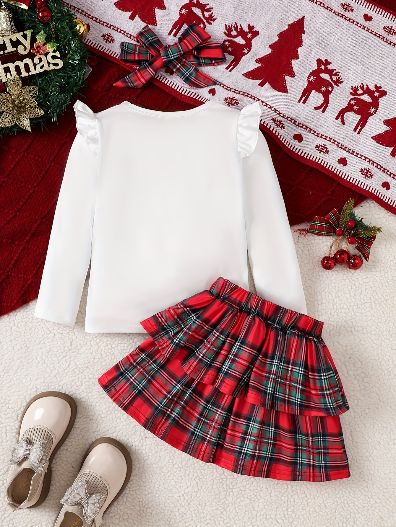 Girl's 'Merry Christmas' Print Long-Sleeve Ruffle Top + Plaid Print Tiered Skirt