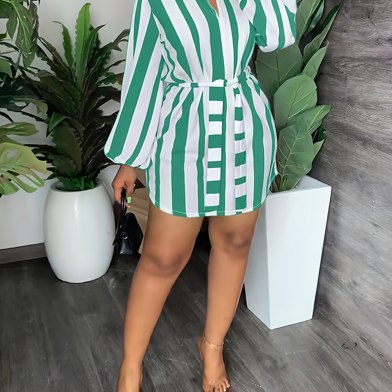 Striped Print Lantern Sleeve Dress, Casual Tie-waist Notch Neck Dress, Women's Clothing