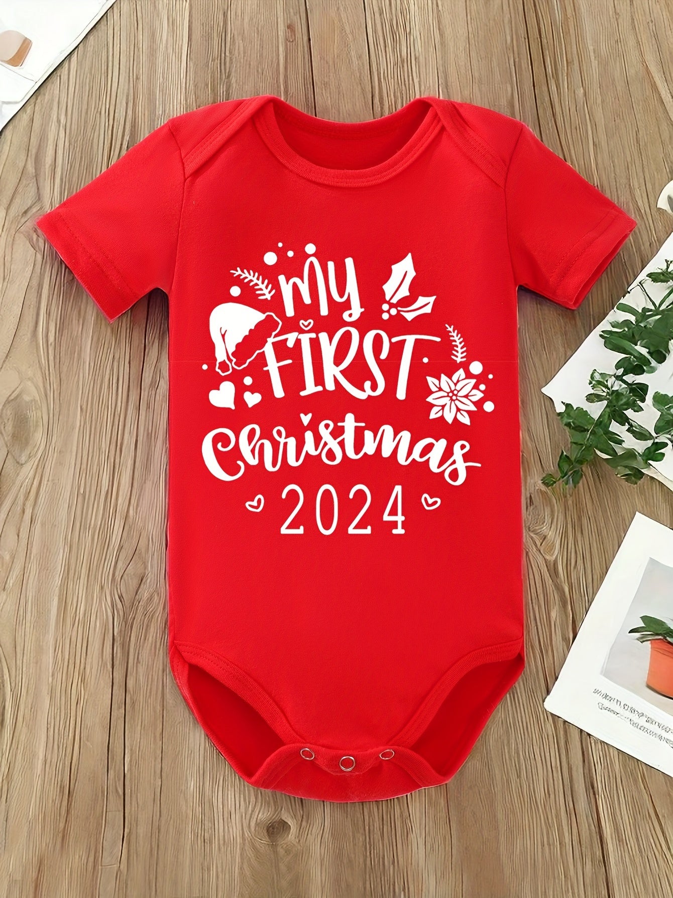 Baby's "2024 My 1st Christmas" Print Casual Cotton Short Sleeve Triangle Bodysuit