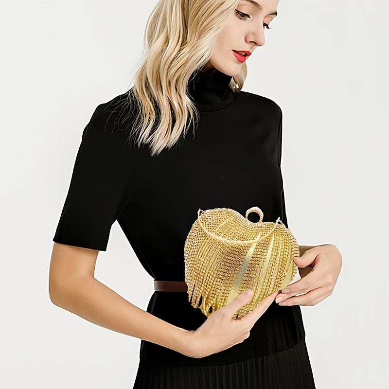 Elegant Heart-Shaped Rhinestone Clutch with Tassel, Lightweight  Handbag