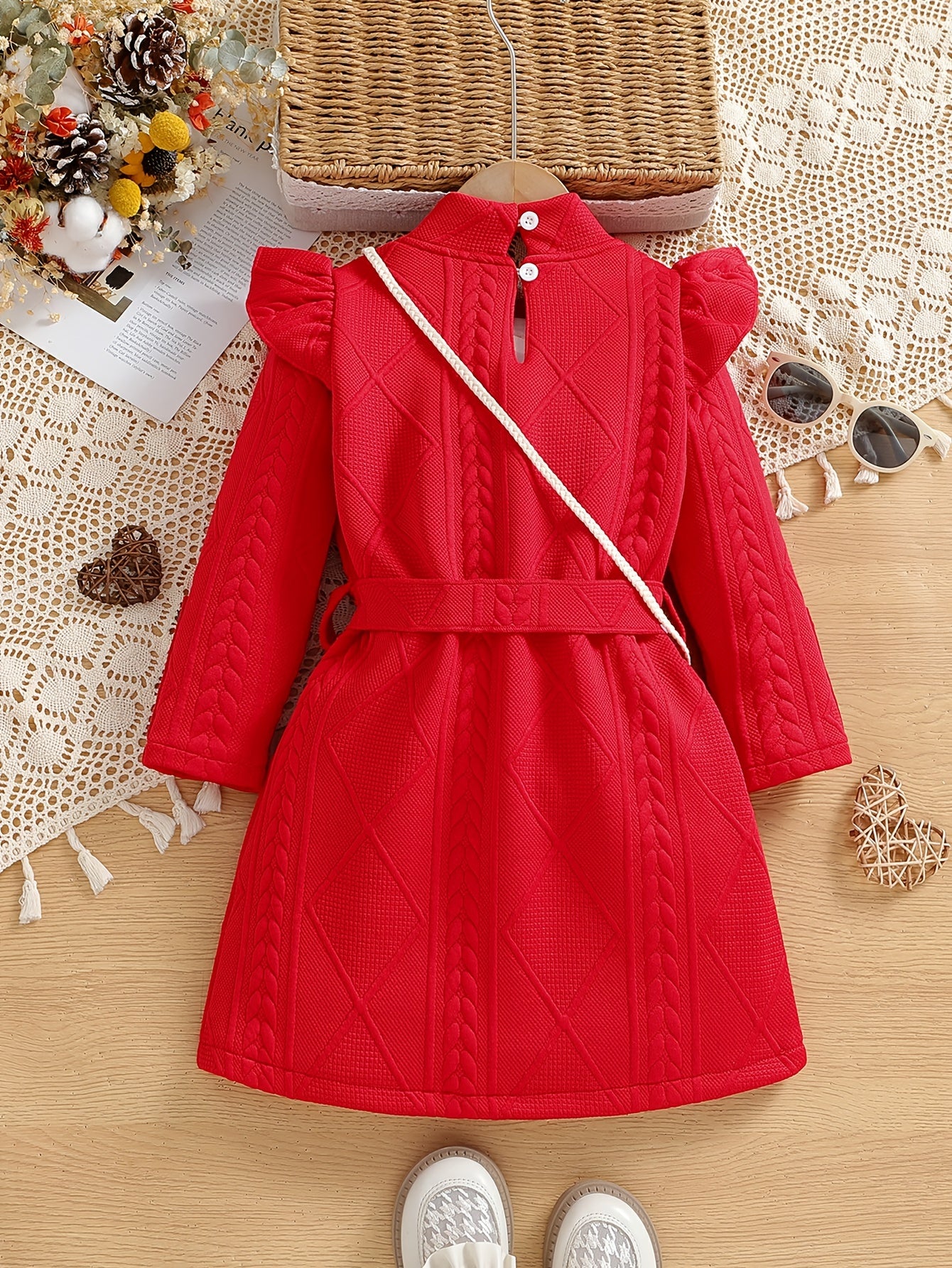 Elegant Flutter Trim Button Long Sleeve Dresses