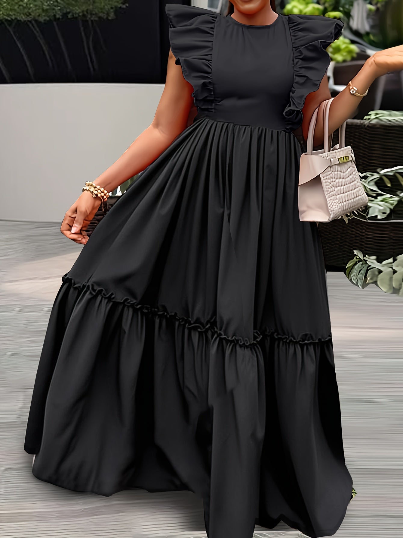 Elegant Ruffle Trimmed ALine  Round Neck, Cinched Waist Design Dress