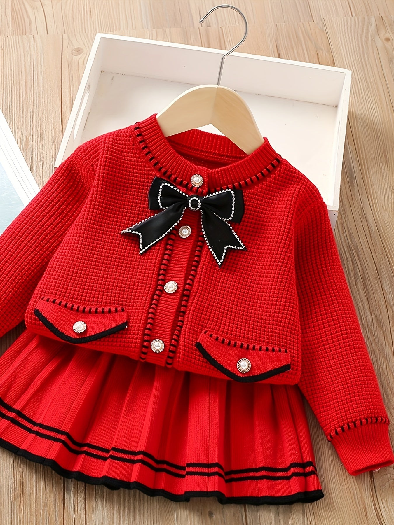 Elegant Cute Knited Set For Girls, Crew Neck Bow Collar Knit Cardigan + Skirt