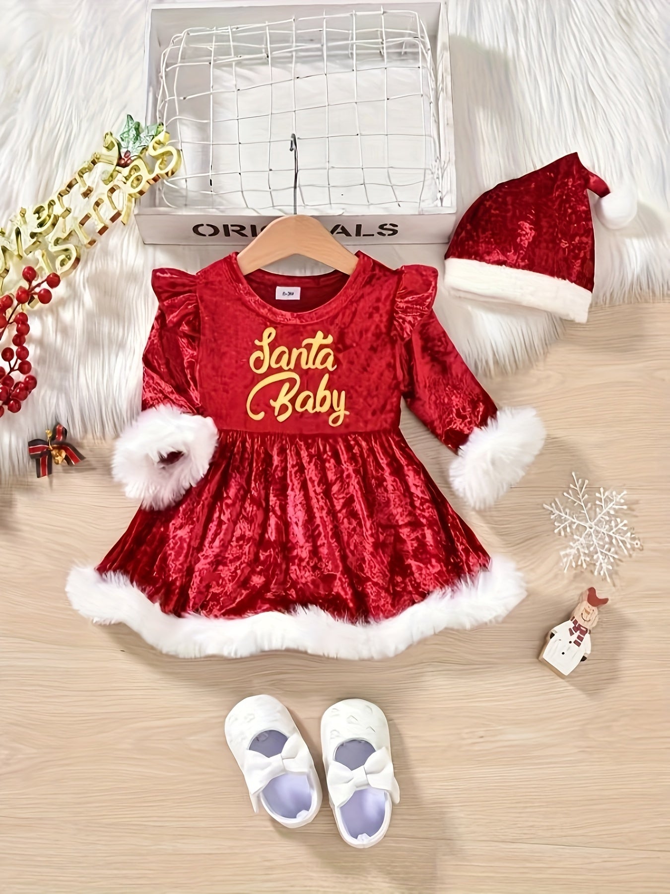 Baby Christmas Letter Print Plush Long Sleeve Triangle Bodysuit Hairball Hat Set
