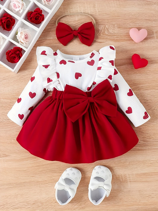 Baby Girl's Sweet Romantic Heart Print Ruffle Long Dress With Big Bow And Headband