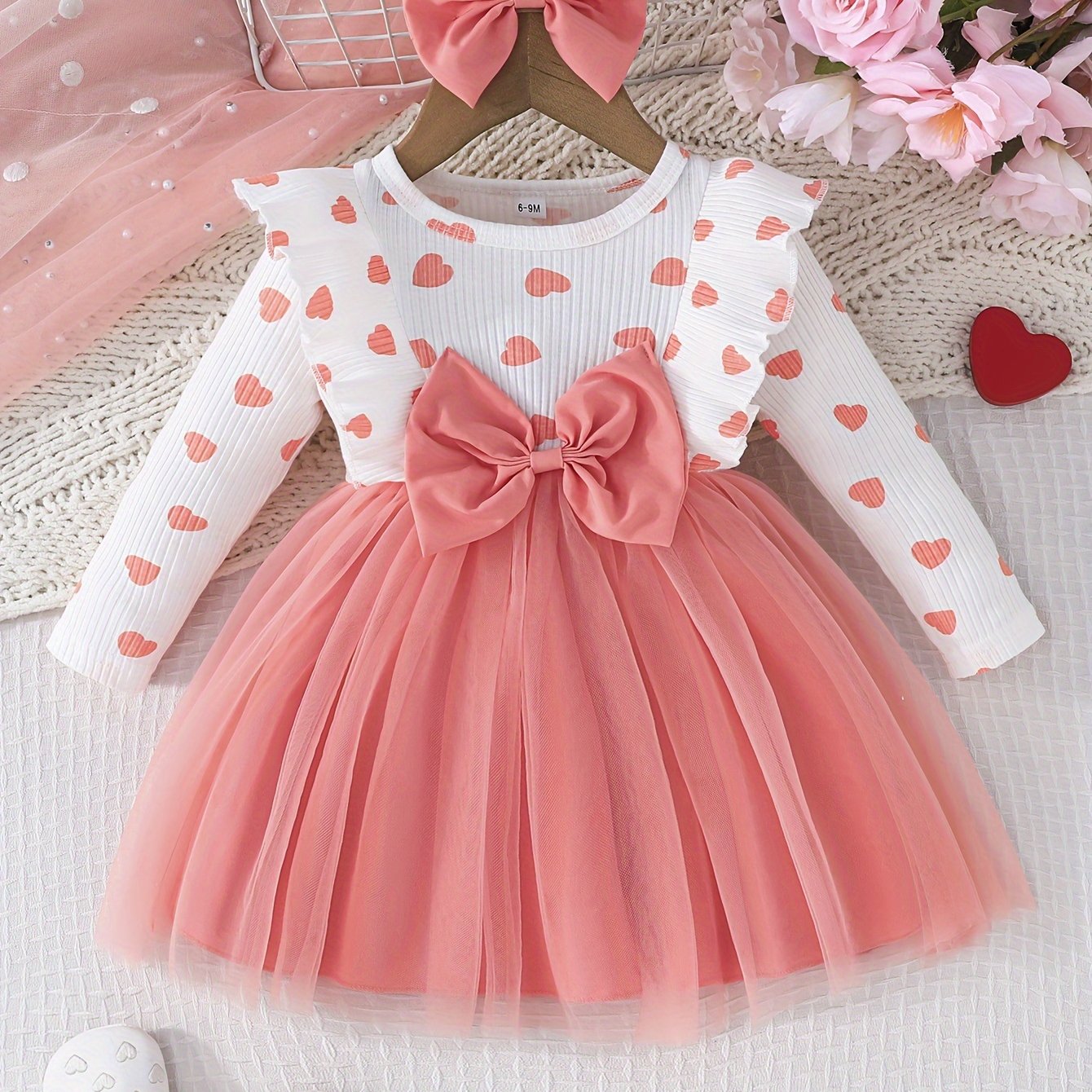 Girls' Cute Heart Pattern Long Sleeve Tulle Dress with Bow Headband