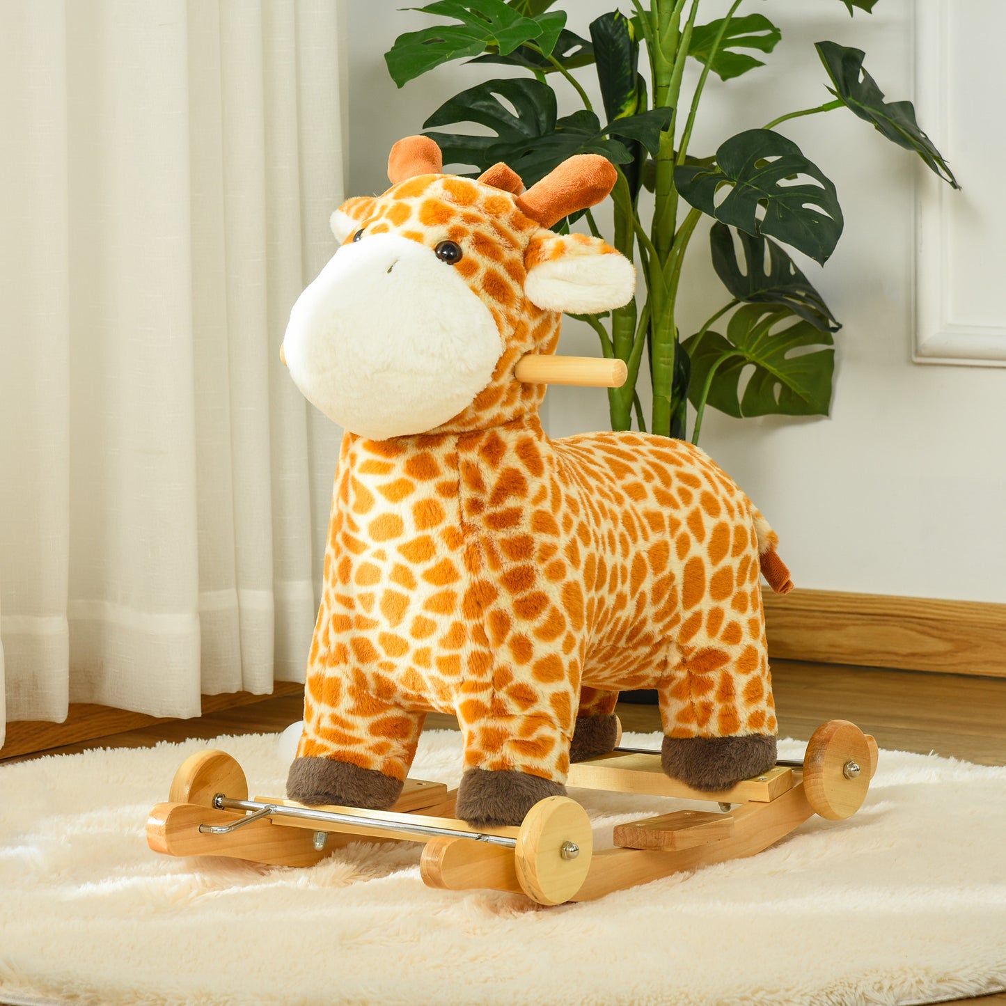 Toddlers Rocking Horse Plush Ride On Giraffe Rocker Wheels Wooden