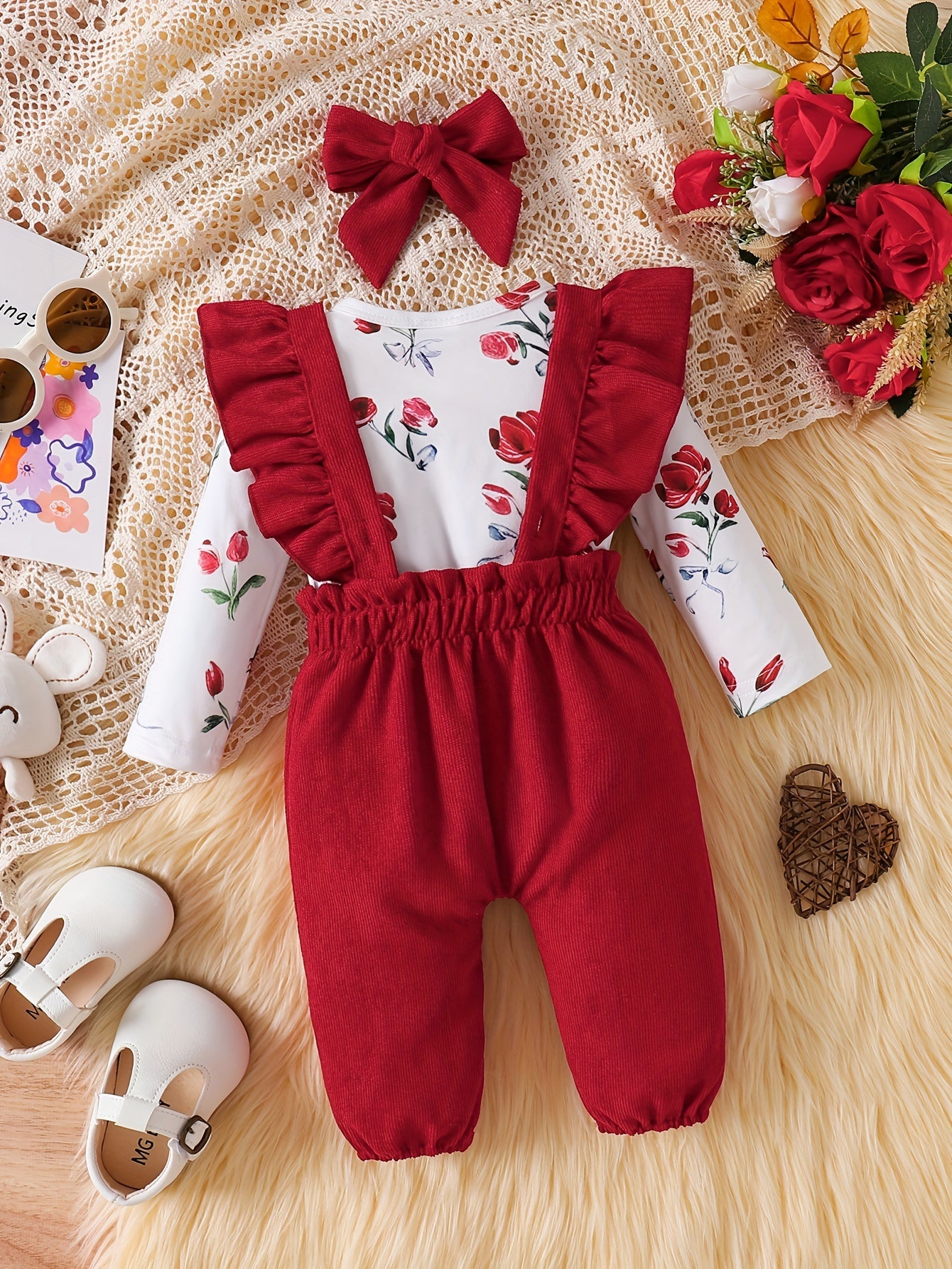 Floral Long Sleeve Romper, Kitty Print Overalls & Headband