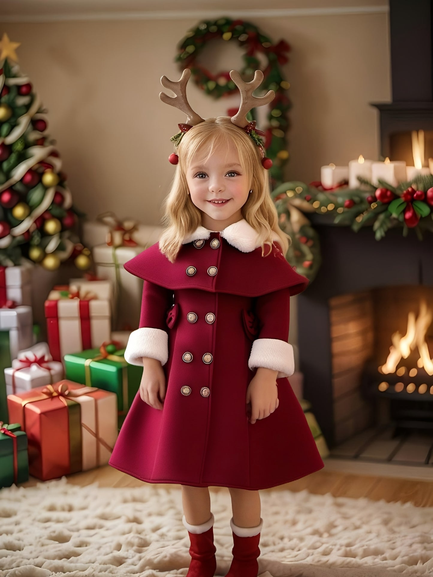 Girls Fleece Lapel Collar Double-breasted And Back Bow Decor Cloak Dress, Elegant And Stylish For Fall And Winter