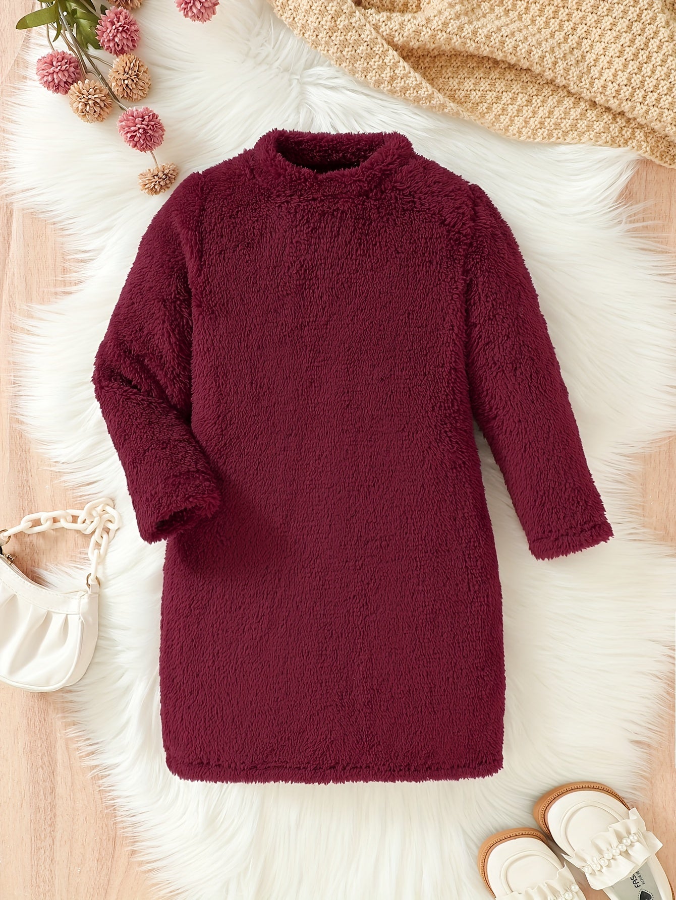 Toddler Girls Long Sleeve Plush Dress Crew Neck