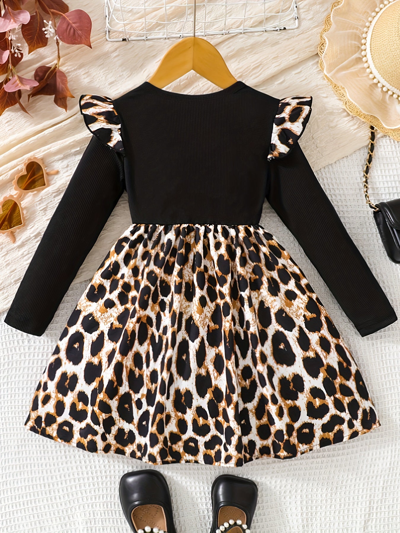 Chic Leopard Print Long Sleeve Dress for Girls