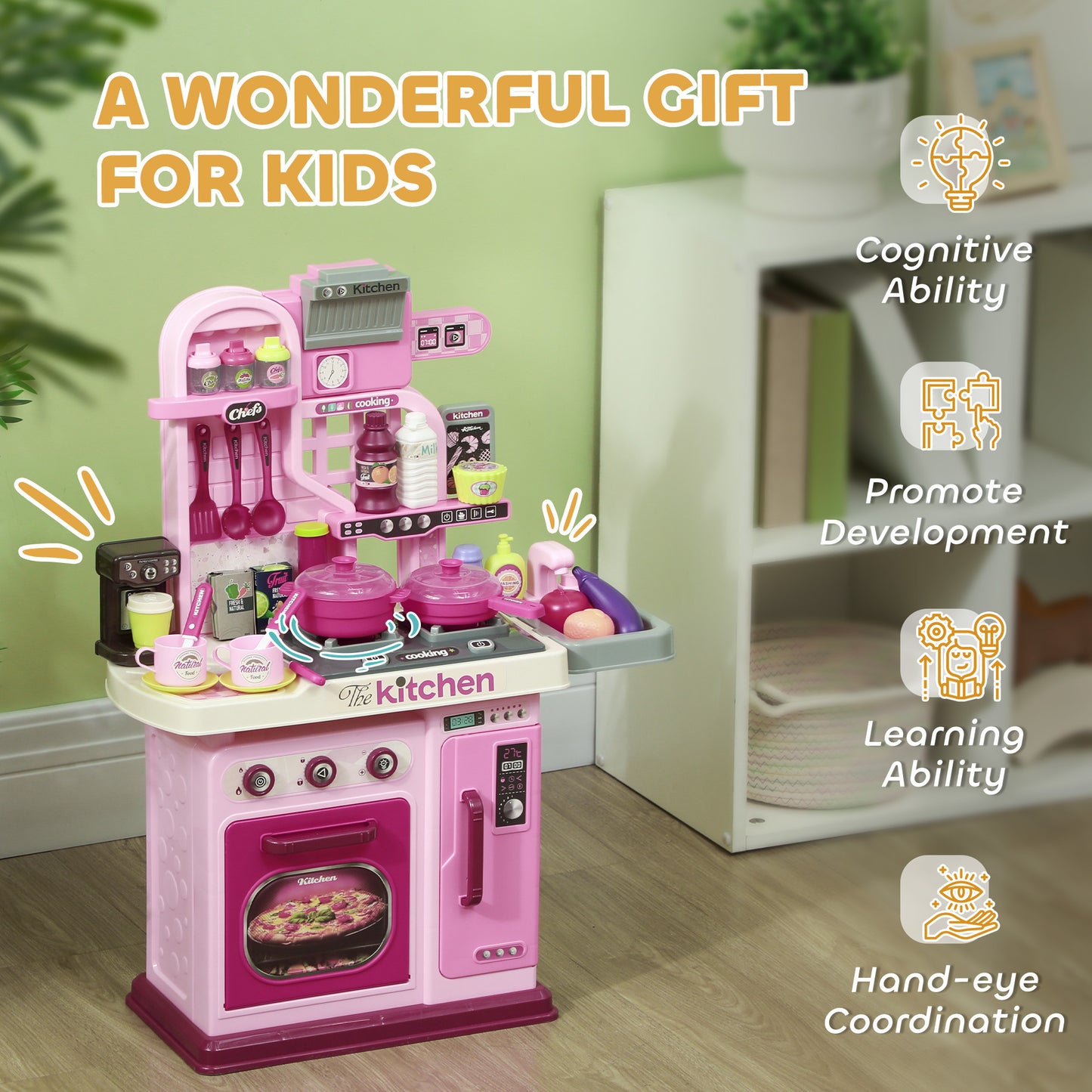 Kids Kitchen, Toy Kitchen, Toddler Pretend Play Kitchen with 33 Piece Accessories, Lights, Sounds, Storage, for Children 3-6 Years, Pink