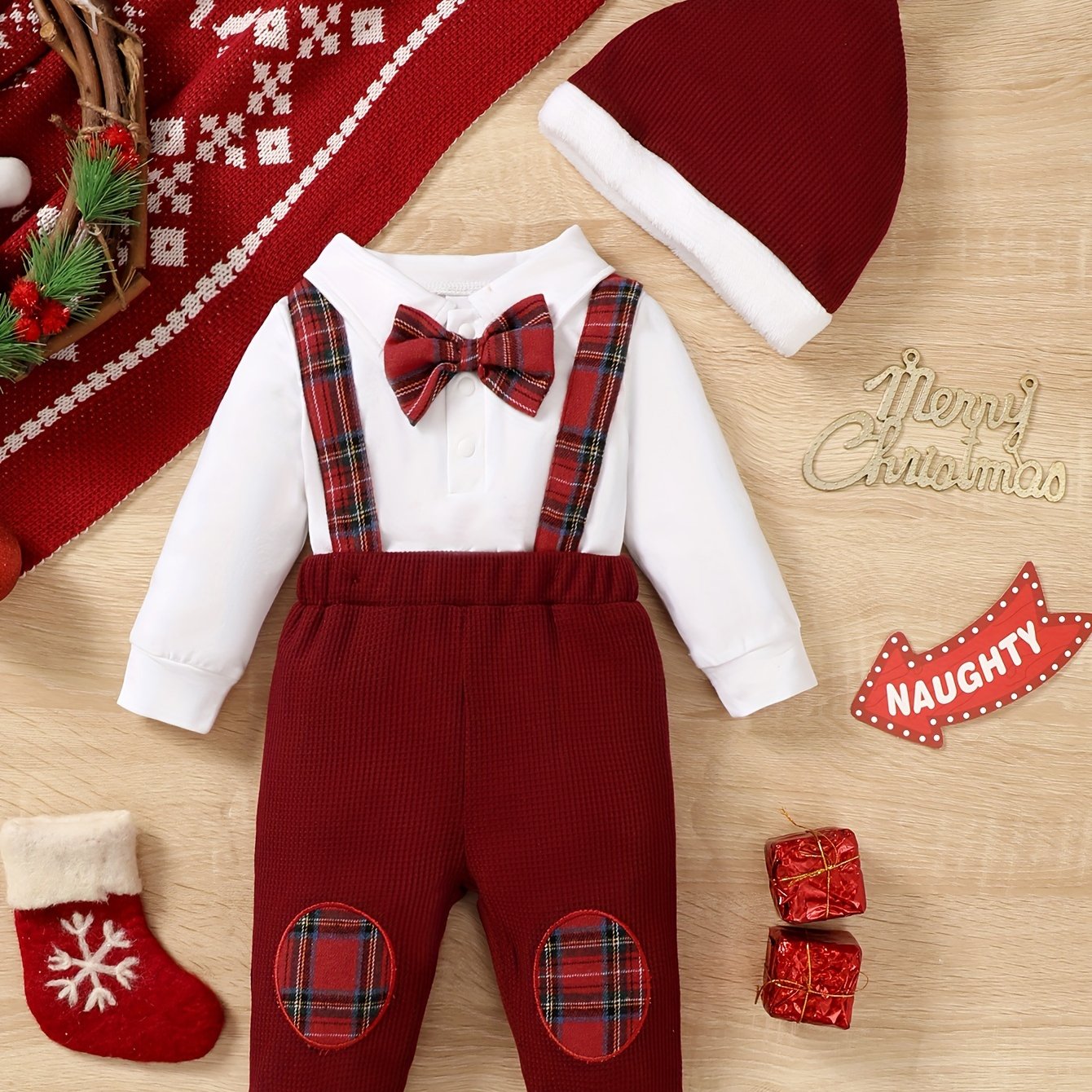 Infant Boys' Christmas Outfit Set – Long Sleeve Comfy Cotton Onesie + Plaid Suspender Pants + Christmas Hat, Cute Set