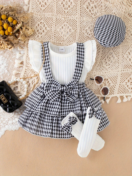 Baby's Stylish Houndstooth Pattern Cap Sleeve Ribbed Top & Overall Layered Skirt Set