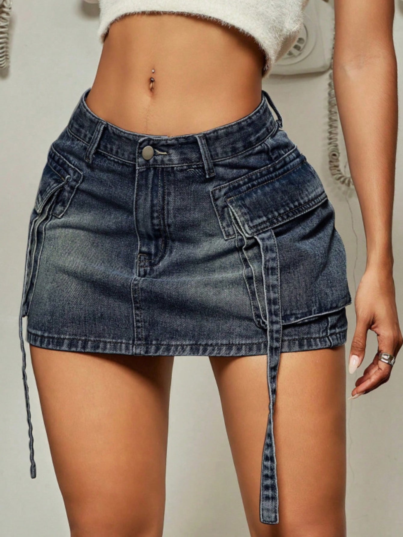 Summer new style workwear with long drawstring pockets, short skirts, versatile workwear denim short skirts for women