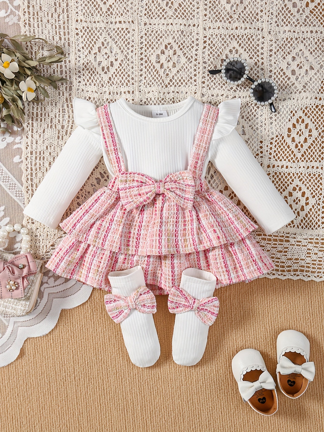 Baby's Elegant Bowknot Tweed Suspender Layered Skirt