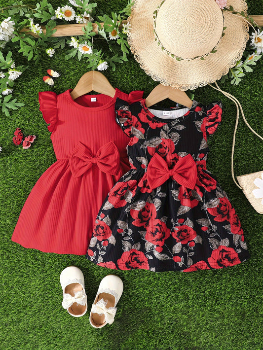 Baby's Bowknot Decor Ribbed Cap Sleeve Dress