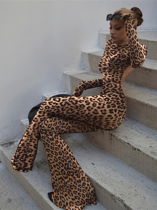 Women'S Sexy Leopard Print Backless Jumpsuit - Long Sleeve, Flare Leg, Elegant and Fashionable, All-Season Wear, Adult Fashion, Adult Fashion Jumpsuit | Leopard Print Jumpsuit | Long Sleeve Jumpsuit