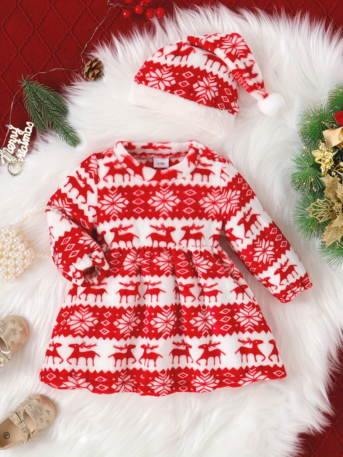 Infant Girls Christmas Dress Set, Long Sleeve Knit Dress with Matching Hat