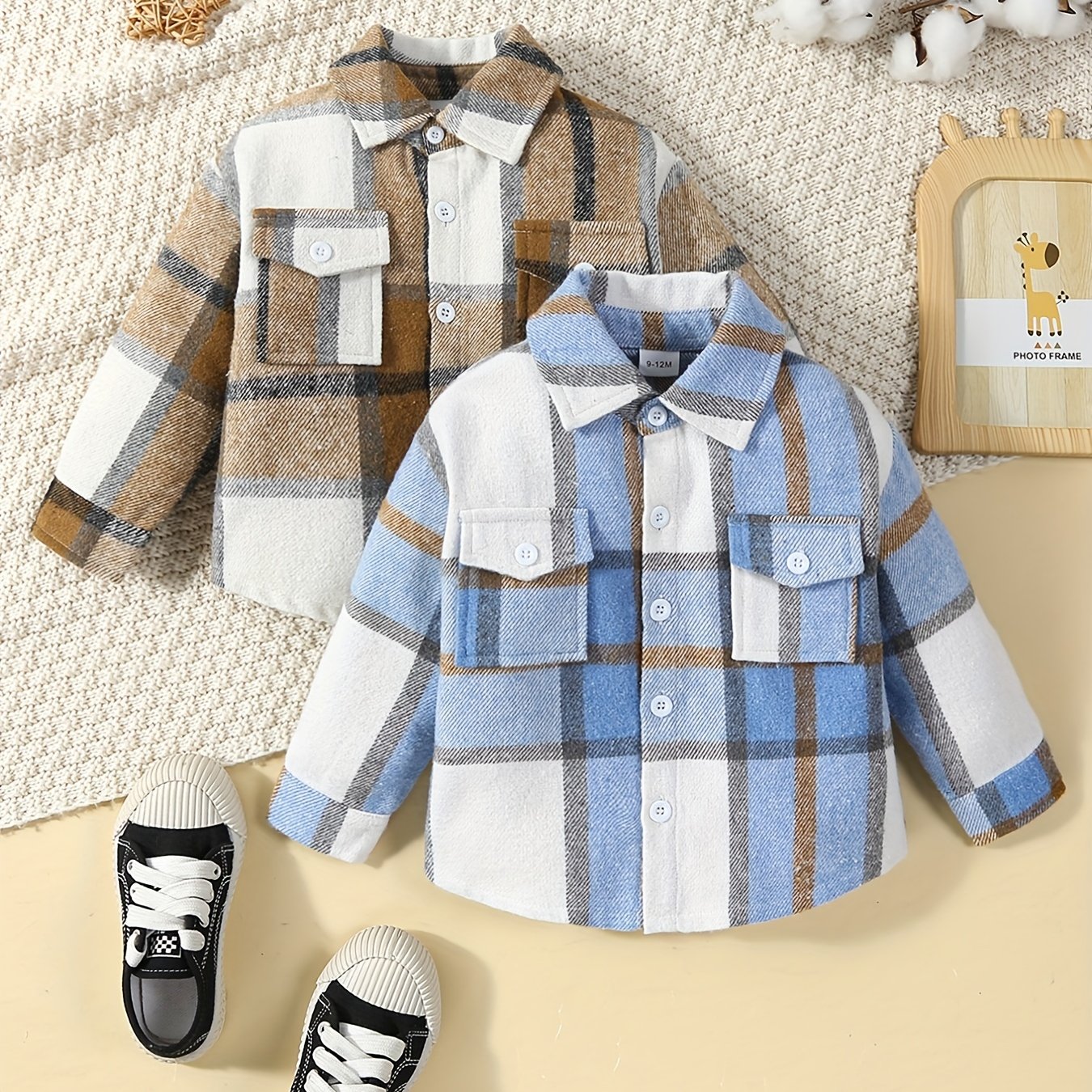 Baby Boy Stylish Casual Frayed Plaid Fabric Long Sleeve Shirt Coat Clothes