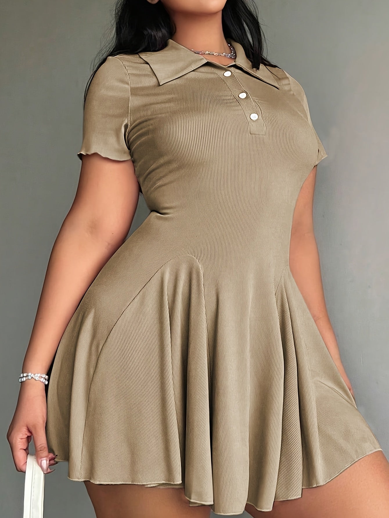 Women'S Casual Tennis Polo Dress - Short Sleeve, Button-Up Collar, Ribbed Texture, Knee-Length with Paddles, Beige, Casual Wear|Short Sleeve Dress|Buttonup Collar, Tennis Dress
