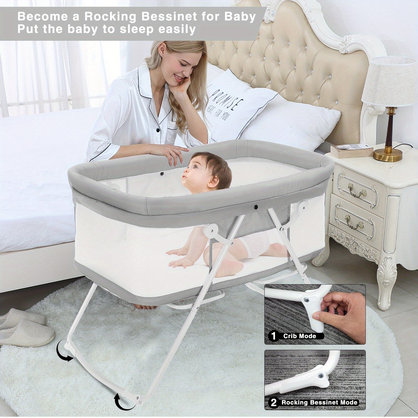Baby cot, 2-in-1 baby cot and bassinet, Easy folding travel cot with mattress included, Multifunctional bassinet baby