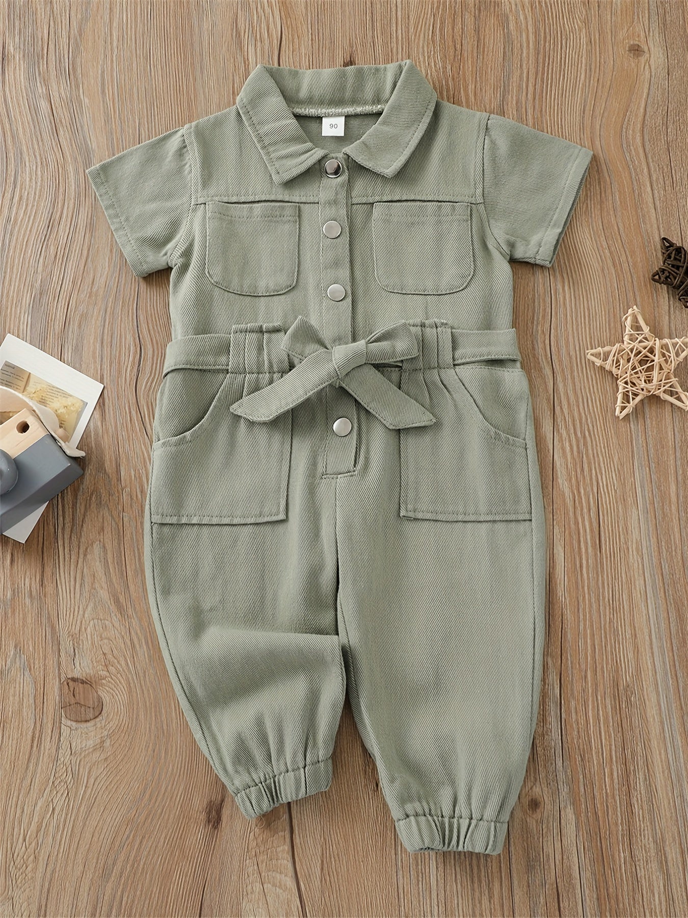 Toddler Girls Casual Button Down Denim Jumpsuit With Belt And Pockets