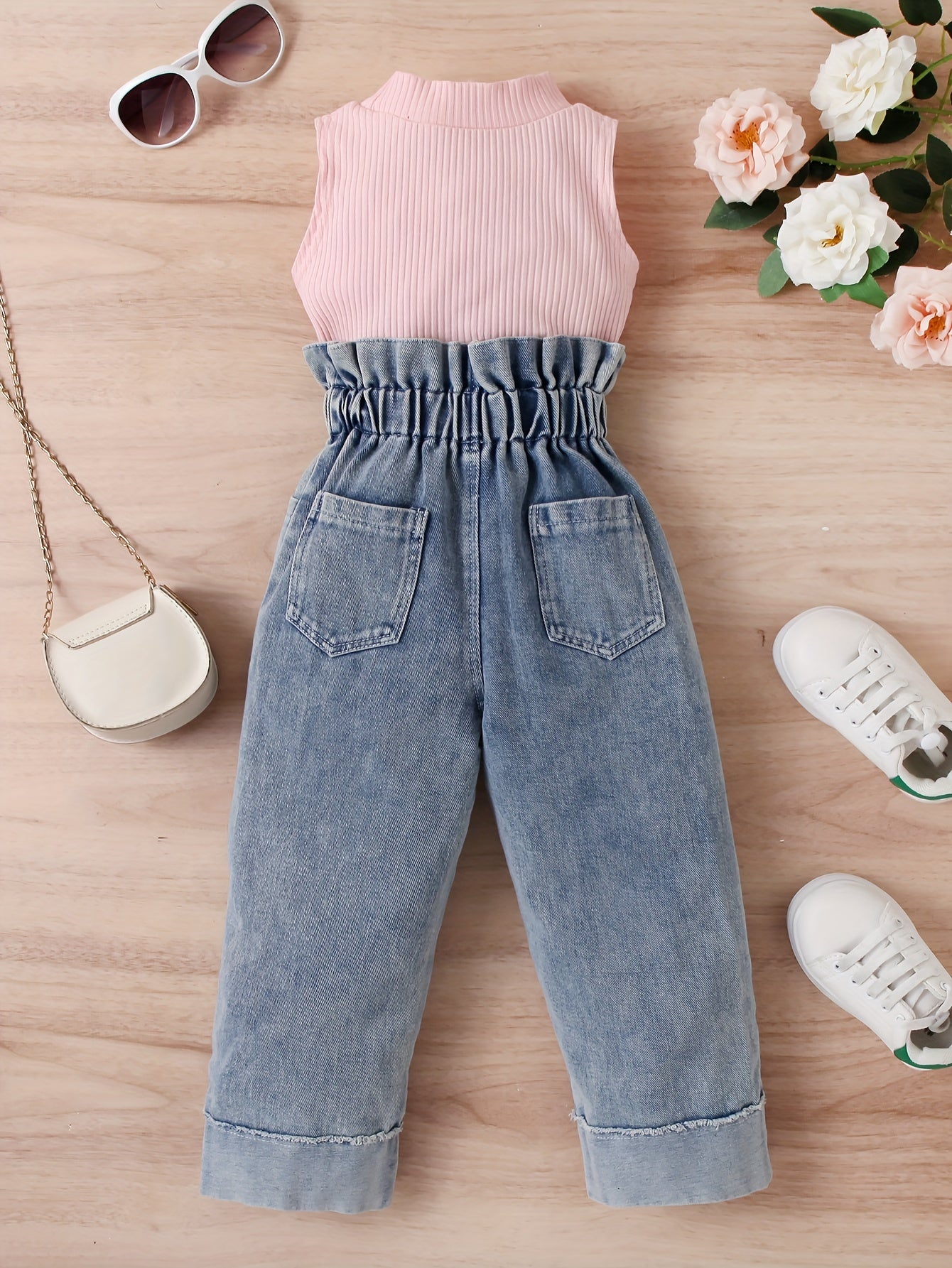 Girls Solid Sleeveless Top  Button Decor Paperbag Waist Denim Pants Set