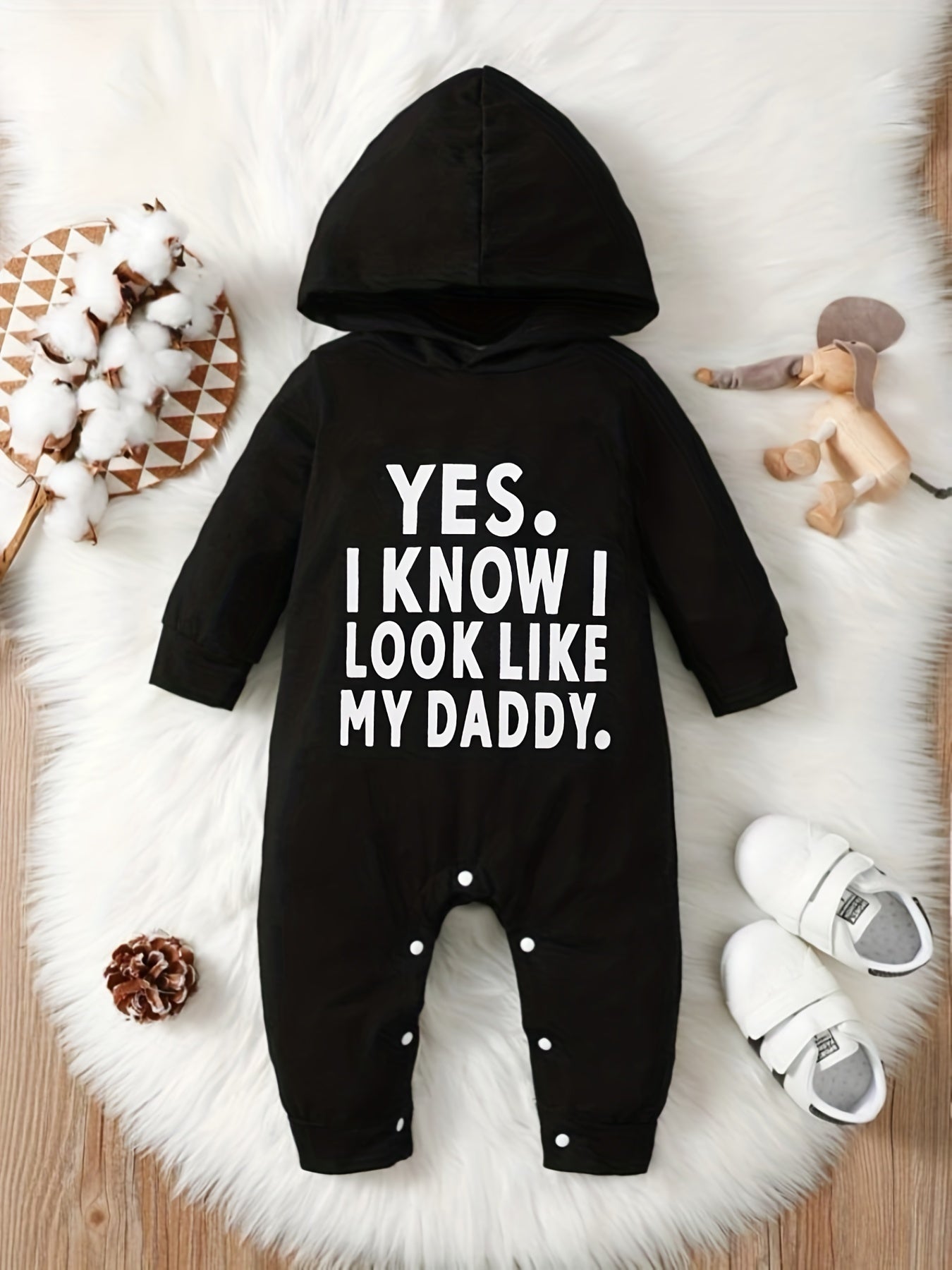 Baby's "Yes I Know I Look Like My Daddy" Print Hooded Onesies For Fall Winter Indoor And Outdoor Wear