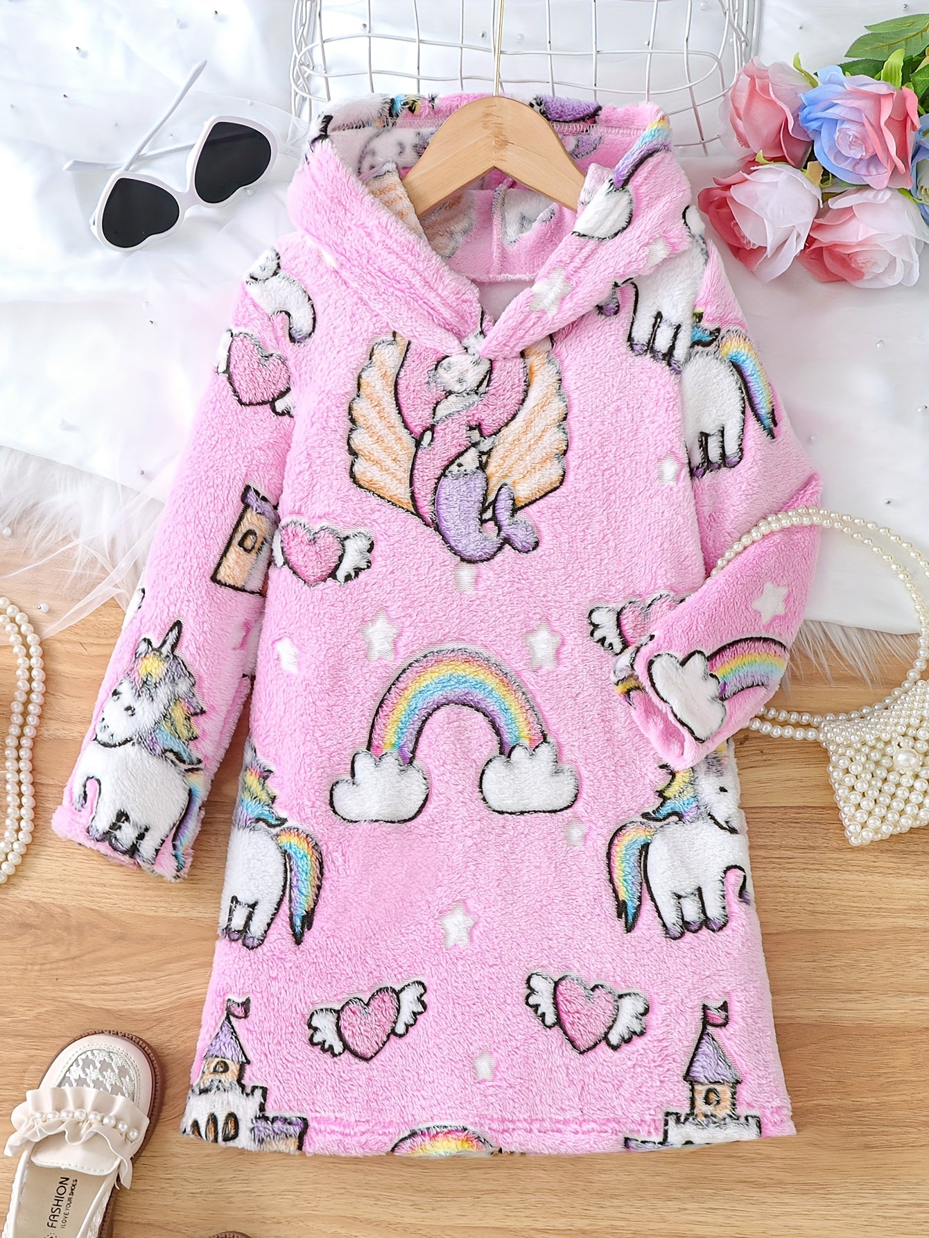 Girls Warm & Cute Long Sleeve Cartoon Flowers & Horse Rainbow & Retro Geometric Pattern Plush Hooded Dress For Fall & Winter Outdoors