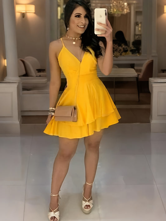 Elegant Women's Sleeveless V-Neck Dress in Solid Color Yellow