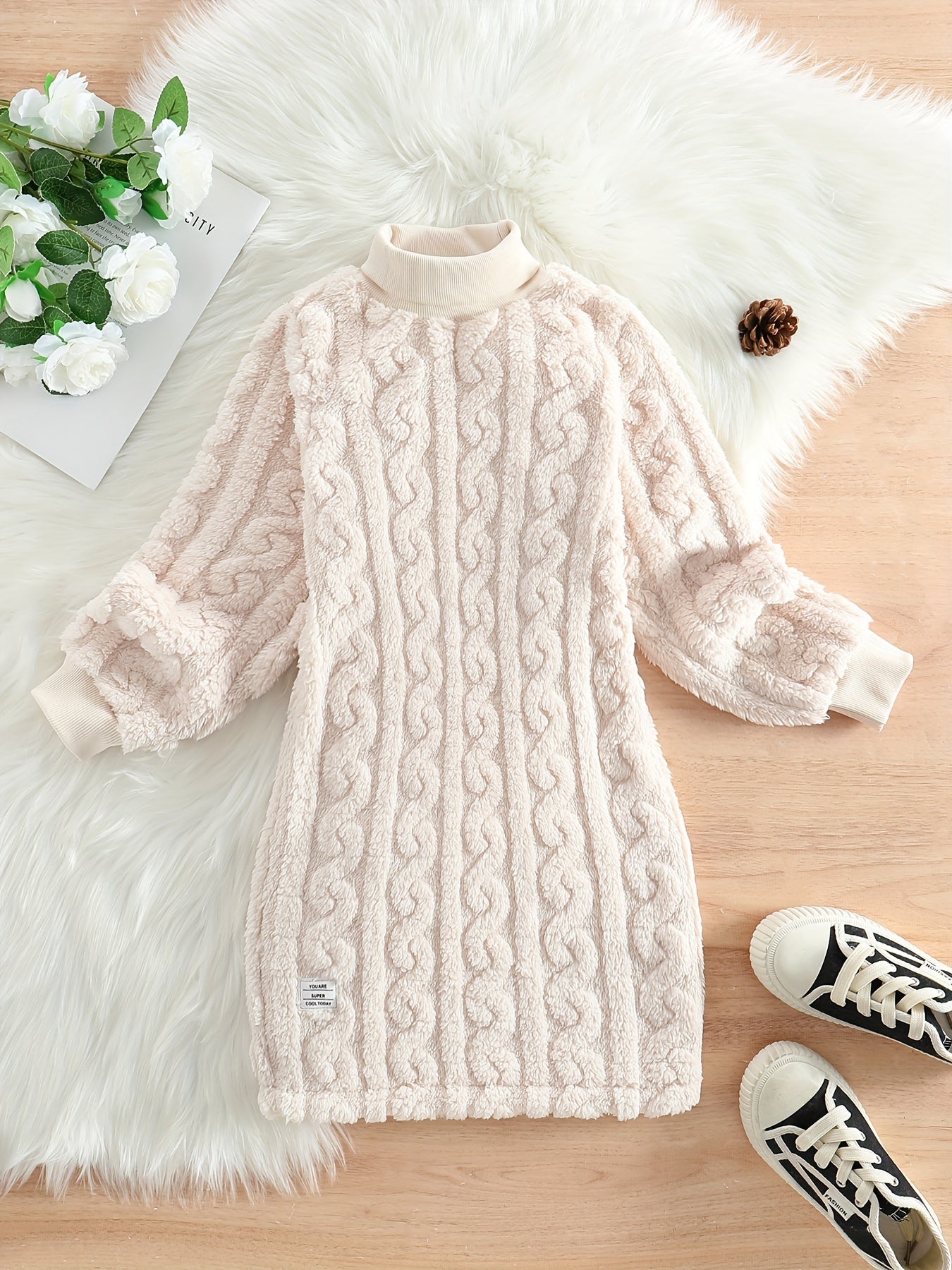 Girls Winter Thickened Fleece Turtleneck Dress