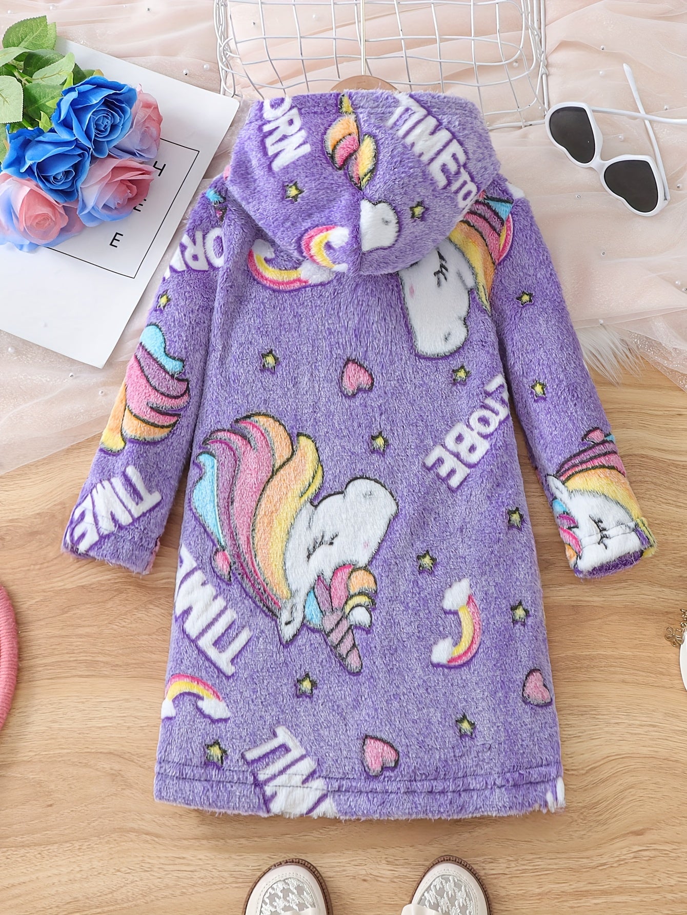 Girls Warm & Cute Long Sleeve Cartoon Flowers & Horse Rainbow & Retro Geometric Pattern Plush Hooded Dress For Fall & Winter Outdoors